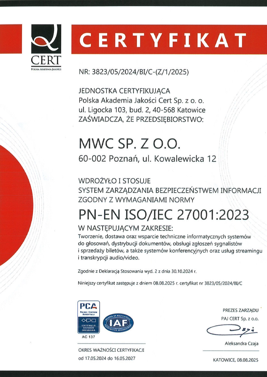 Certyfikat ISO 27001